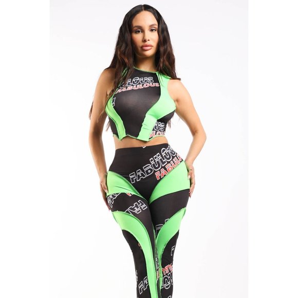 Women's Sleeveless Short Tops & Sports Leggings Fabulous Neon Lime Racer Set - Picture 2 of 9